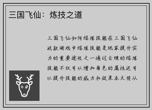 三国飞仙：炼技之道